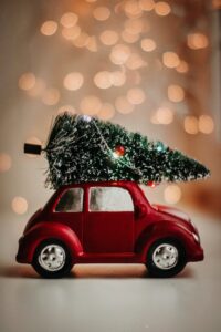 picture of car that could benefit from life coaching for holiday stress. In this pic, the tree is too big for the small tree.